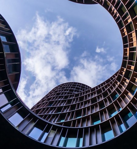 Copenhagen, Denmark; Septiembre 7 2019: Axel Towers - five circular towers are located near Central Station opposite Tivoli Gardens without right angles in Copenhagen.